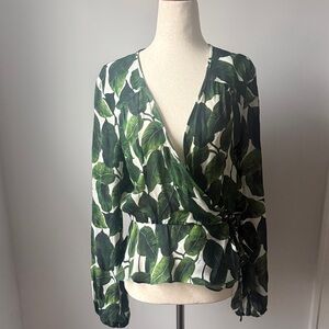 Milly Green Leaf Print Wrap Blouse Size 6 Silk Long Sleeve Sheer Top
